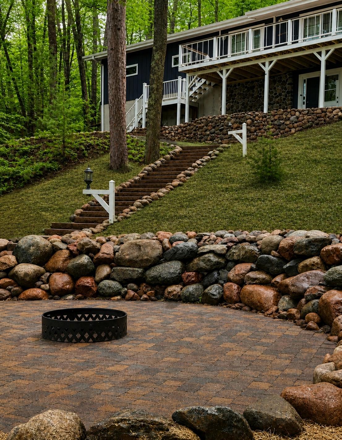 Stone wall borders and wooden stairs wind up a sloped yard toward a dark-blue house tucked among green trees; a metal fire pit sits on a brick patio in the foreground.
